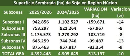 Superifiie sembrada de soja en región núcleo