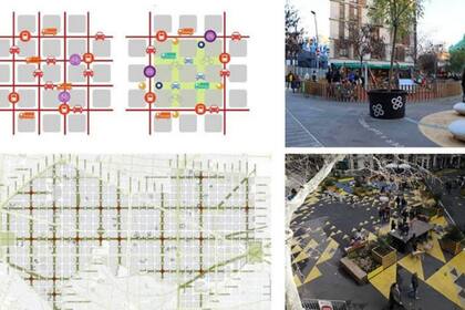 Supermanzanas. Esquemas de la célula original y la nueva propuesta de ejes verdes y cruces plazas para el Ensanche e imágenes de las Superilles de Poblenou y Sant Antoni