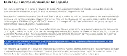 Sur Finanzas promocionaba la tarjeta del Banco Coinag en su sitio web luego retiró esa oración.