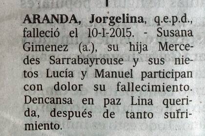 Susana Giménez, su ex consuegra, le dedicó unas sentidas palabras en el diario La Nación