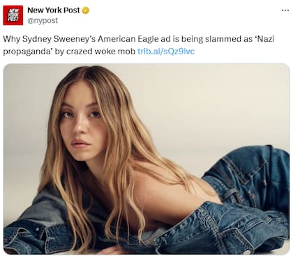Sydney Sweeney en la publicidad de American Eagle generó acusaciones de "propaganda nazi" (X: @nypost).