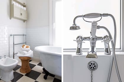 Taburete de madera maciza (Philippa Deco Boutique). Sanitarios, radiador y grifería (Bathstore, Londres). Piso damero (Bagino). Aberturas de PVC (Welttechnik).