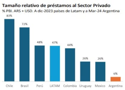 Tamaño de los préstamos al sector privado en la Argentina y la región. Gráfico: Quantum Finanzas