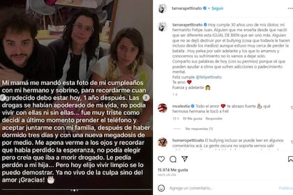 Tamara Pettinato compartió en su cuenta de Instagram el mensaje de su hermano Felipe en el día de su cumpleaños número 30