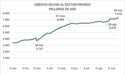También acelera el crédito en dólares al sector privado