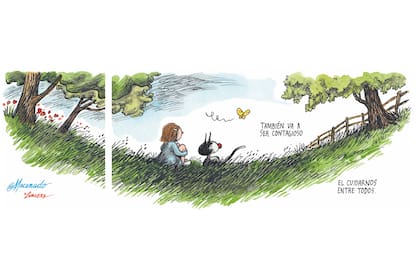 "También va a ser contagioso el cuidarnos a todos", piensan Enriqueta y el gato Fellini, personajes de Liniers