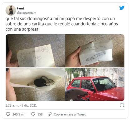 Tami contó que su papá la sorprendió con las llaves de un auto y una dedicatoria en la carta