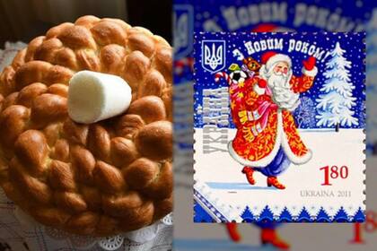 Tanto el pan de Navidad llamado "kolach" (izquierda) como el personaje de "Ded Moroz" son típicos de las fiestas decembrinas en Ucrania
