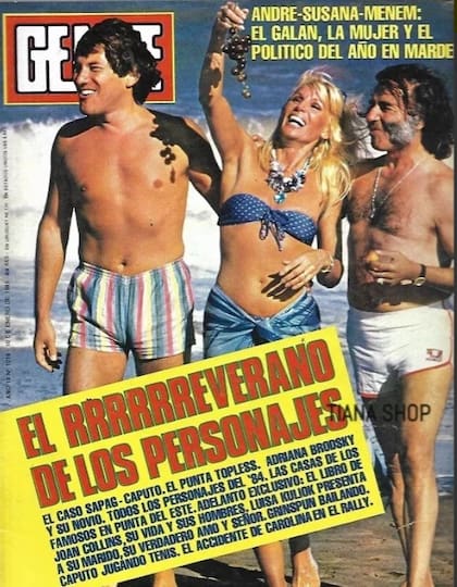 Tapa de Gente de 1998. Carlos Menem junto a Susana Giménez y Arnaldo André. El título, "El rrrreverano de los personajes", está inspirado en la imitación que hacía Mario Sapag del político riojano, que hablaba estirando exageradamente la letra "erre"