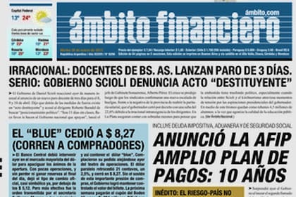 Tapa de la edición impresa de hoy del matutino económico Ámbito Financiero