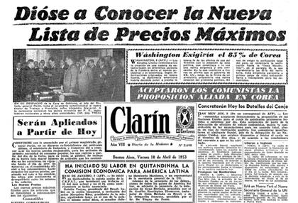 Tapa del diario Clarín en 1953.