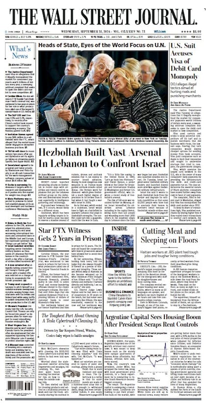 Tapa del diario impreso en la que aparece un apartado de la nota sobre la Argentina