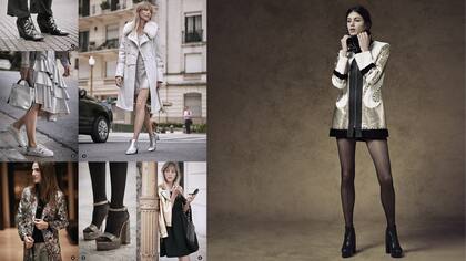 Tapado de cuero metalizado combinado con tachas y piel (Jazmín Chebar), medias de nylon ($ 230, Selu), botineta de cuero (Paruolo)