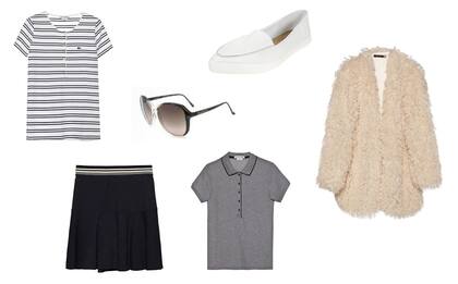 Tapado (Vevu) Pollera (Lacoste, $1399) Anteojos (Elizabeth Arden) Mocasin (Foglia, $405 sale DFT) Chomba y remera (Lacoste, $909 y $699)