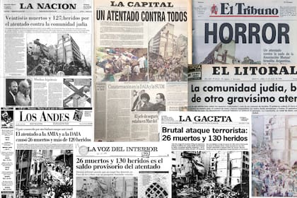 Tapas de diarios del 18 de julio de 1994 exhibidas en la Legislatura porteña