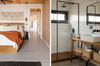 Tapiz (Cristina Codern). Mesas de noche y cama (Inés Coviello) con ropa a medida (Maru Bardó). Lámparas colgantes (Christan Mohaded). Ventilador (Martin & Martin). Baño: aplique (Dimm), plafón (Griscan), espejo (Zamobiliario), vanitory (Inés Coviello), bacha, grifería y accesorios (Ponthus), deck de ducha (Cántaro Bardó).