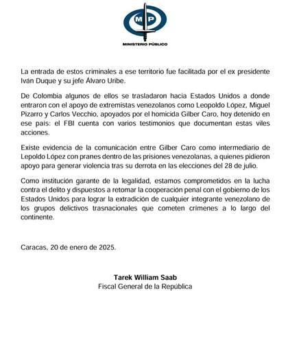 Tarek William Saab asegura que Venezuela colaborará con la extradición de criminales en territorio estadounidense