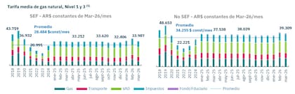 Tarifa media de gas natural para usuarios residenciales con y sin subsidios (valores constantes). Los precios recuperaron terreno desde 2024 tras varios años de congelamiento, con una brecha sostenida entre quienes reciben asistencia estatal y quienes pagan el costo pleno.