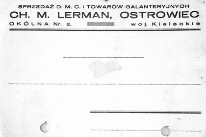 Tarjeta con el membrete de la mercería Lerman, que fue confiscada por los alemanes y nunca fue devuelta a sus dueños originales, ni siquiera luego de la Segunda Guerra
