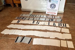Tarjetas incautadas durante el operativo: plásticos en blanco y otros con bandas magnéticas listas para ser impresas, utilizados para defraudar mediante clonación