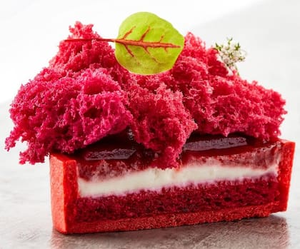Tarta de remolacha con cremoso de queso de cabra, pastel de remolacha para microondas, mermelada de remolacha y dacquoise de remolacha