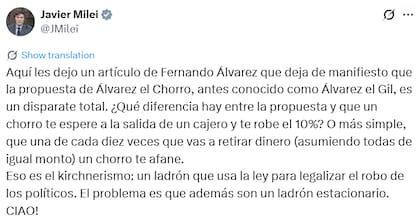 Tas la entrevista de Álvarez Agis con Cristina Pérez para LN+, Javier Milei le respondió en su cuenta de X (Fuente: @JMilei)