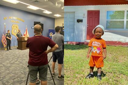 Taylen Mosley (der.), de dos años, fue encontrado sin vida, en Florida, donde las autoridades brindaron una conferencia de prensa este sábado