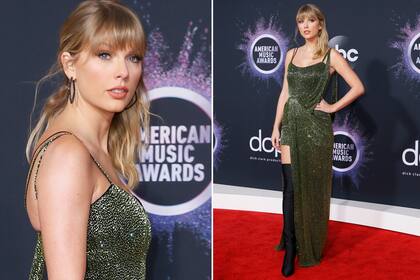 Taylor Swift, la gran ganadora de la noche , optó por un vestido verde militar con mucho brillo, que acompañó con unas bucaneras negras 