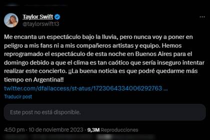 Taylor comunicó la reprogramación de uno de sus shows (Captura X @taylorswift13)