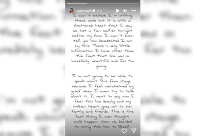 Taylor Swift se pronunció en redes sociales tras la muerte de su fan (Foto Instagram @taylorswift)