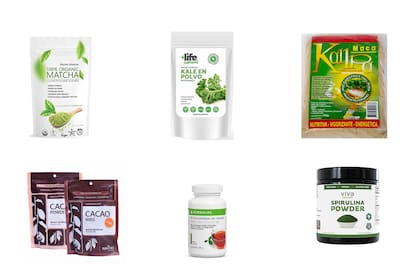 Té Matcha Kagoshima orgánico 500 g. ($425, Mercadolibre), Kale en polvo orgánico 500 g. (Mas Life Superfood, venta mayorista), Maca Peruana Kallpa, 500 g, ($150, Mercadolibre), Cacao Polvo Nibs Orgánico Navitas Organic 227g. ($407, Mercadolibre), Té de hierbas soluble Herbalife 100 g.($114, Mercadol