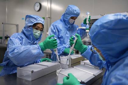 Técnicos chinos haciendo kits de testeo en un laboratorio de Pekin, esta semana.