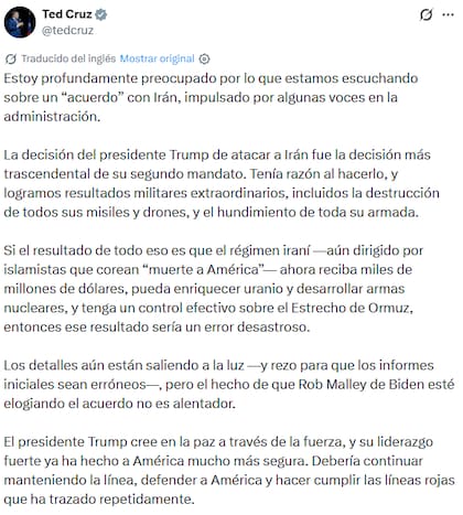 Ted Cruz señaló que sería un "error desastroso" que Estados Unidos permitiera, entre otras cosas, que Irán tenga un "control efectivo" sobre el estrecho de Ormuz