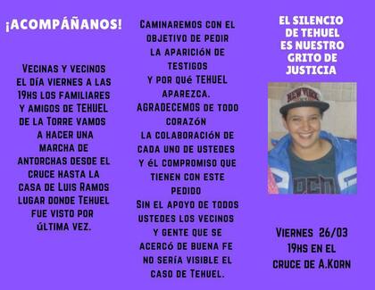 Tehuel de la Torre de 21 años desapareció hace 14 días cuando fue a una entrevista laborar a la casa de un conocido, quien se encuentra detenido, informaron fuentes judiciales.