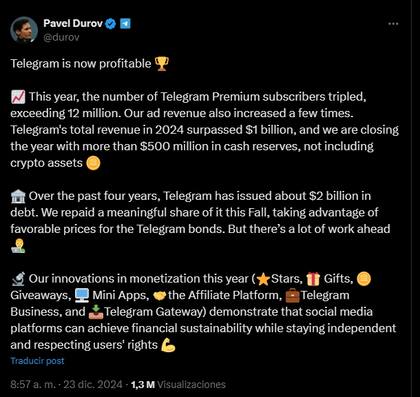 Telegram finalmente es rentable, según su creador, Pavel Durov