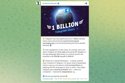 Telegram ya tiene mil millones de usuarios mensuales activos, según su creador Pavel Durov