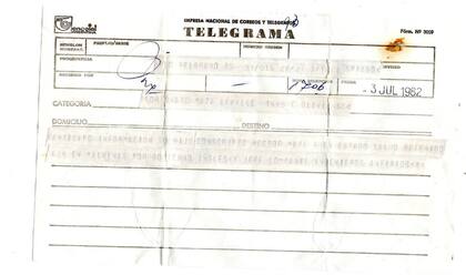 Telegrama de aviso a la familia del soldado Luis Maza que indicaba que había caído prisionero en Malvinas en manos del gobierno inglés.
