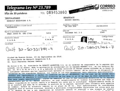 Telegrama enviado por Manuel Adorni