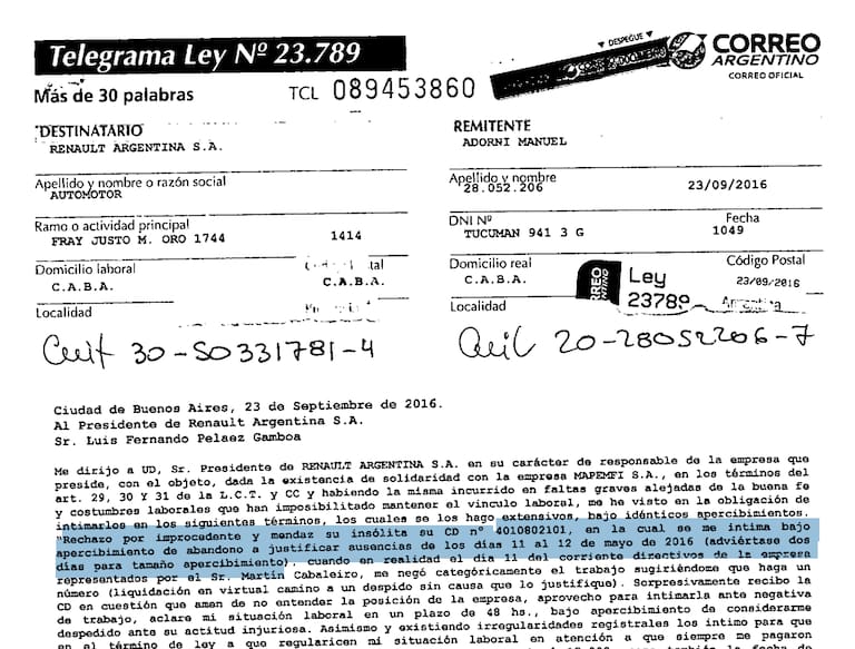 Telegrama enviado por Manuel Adorni