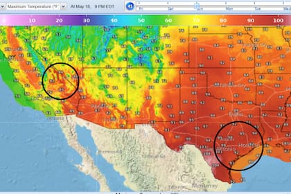 Temperaturas comparadas entre el sur de Texas y Furnace Creek para el domingo 18 de mayo