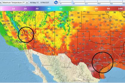 Temperaturas comparadas entre el sur de Texas y Furnace Creek para el sábado 17 de mayo