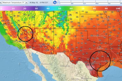 Temperaturas comparadas entre el sur de Texas y Furnace Creek para el viernes 16 de mayo