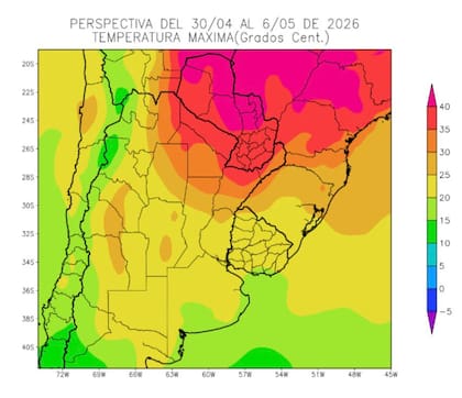 Temperaturas elevadas sobre el norte del área agrícola, con registros más moderados hacia el centro y el sur