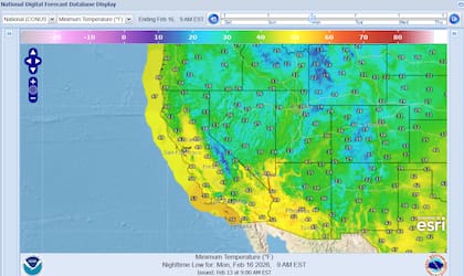 Temperaturas mínimas esperadas en California el lunes