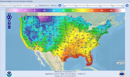 Temperaturas mínimas esperadas para la madrugada del miércoles: norte y oeste de Estados Unidos los más afectados