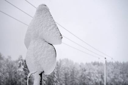 Diferentes ciudades del este y del oeste están tapadas por una nieve que no da tregua. Un cartel tapado de nieve en una calle cerca de Munich, Alemania