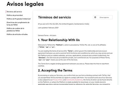 Términos y condiciones de uso de Tiktok; el texto tiene casi 84.000 caracteres