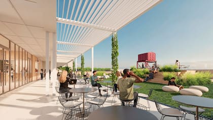 Terraza verde en el edificio Maple Ucema; el tanque rojo tiene protección patrimonial