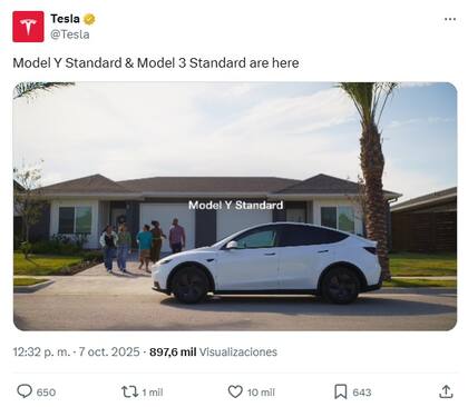 Tesla anunció las nuevas versiones de Model Y Standard y Model 3 Standard con un video en X (X/@Tesla)