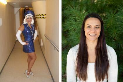 Tess en una foto a bordo del crucero, izquierda, y hoy como empresaria, derecha-